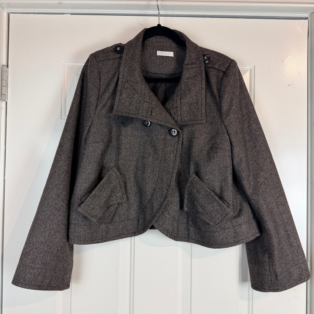 Promos brown herringbone button front peacoat jacket size medium